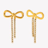 Delicate Bow Zircon Tassel Earrings – 18K Gold Plated Stainless Steel, Minimalist Chic Everyday Studs for Women