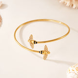 18K Gold Plated Stainless Steel Open Bangle – Bee & Starfish Zircon Design, Unique Women’s Bracelet