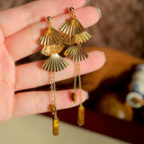 Origami-Inspired Tiger Eye Fan Tassel Earrings