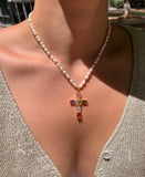 Natural Pearl Colorful Cross Pendant Necklace 22K Gold Plated