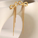 Delicate Bow Zircon Tassel Earrings – 18K Gold Plated Stainless Steel, Minimalist Chic Everyday Studs for Women
