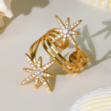 18K Gold Plated Stainless Steel Open Ring – 5A Zircon Starburst Design