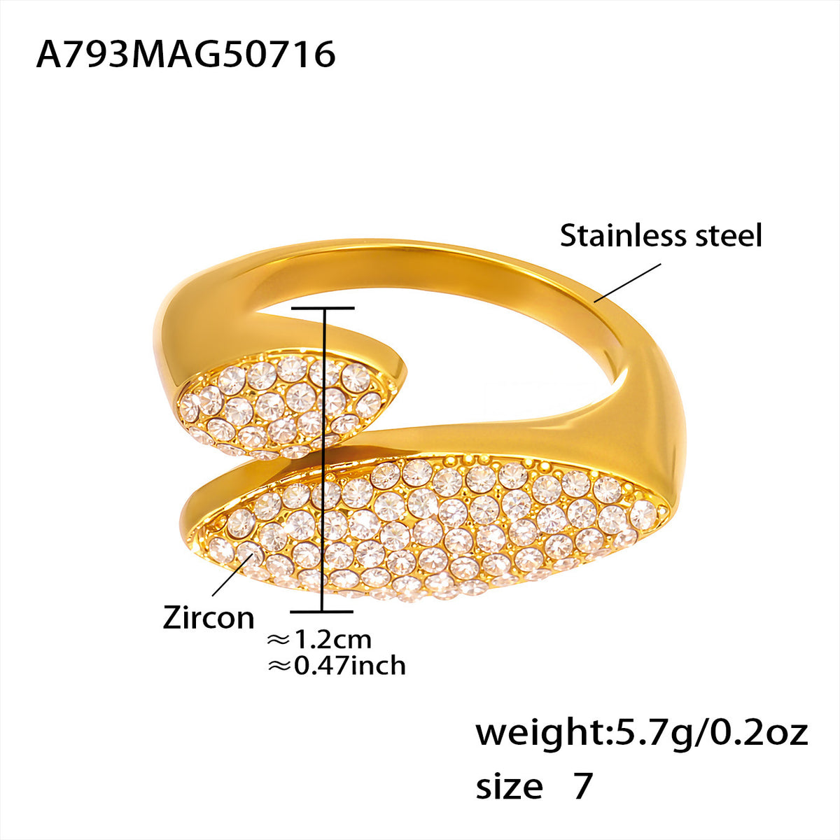 Stainless Steel CZ Pave Irregular Geometric Open Ring – Luxury Adjustable Fashion Ring