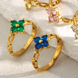 Floral Zircon Chain Ring – 18K Gold Plated Stainless Steel, Minimalist Chic Statement Ring for Women