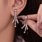 18K Gold-Plated Branch CZ Stud Earrings – Minimalist Geometric Design