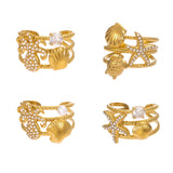 18K Gold Plated Stainless Steel Ocean-Inspired Ring – Starfish & Octopus with Zircon Shell Design