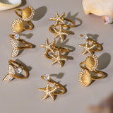 18K Gold Starfish Shell Ring – Adjustable CZ Beach Ring