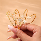 18K Gold Plated Stainless Steel Ocean Bracelet – CZ Fish & Starfish Open Bangle