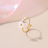 Open Flower & Pearl Ring – 18K Gold-Plated Stainless Steel, Delicate Design