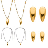 High-Polish Waterdrop Pendant Necklace & Earrings – Black Cord Choker, 18K Gold-Plated Stainless Steel