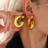 C-Shaped Hollow Steel Bead Earrings – High-Polish Double-Wear Studs, 18K Gold PVD Stainless Steel