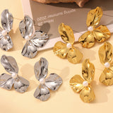 Stainless Steel Pearl Petal Stud Earrings – Floral Vacation-Inspired Design for Women