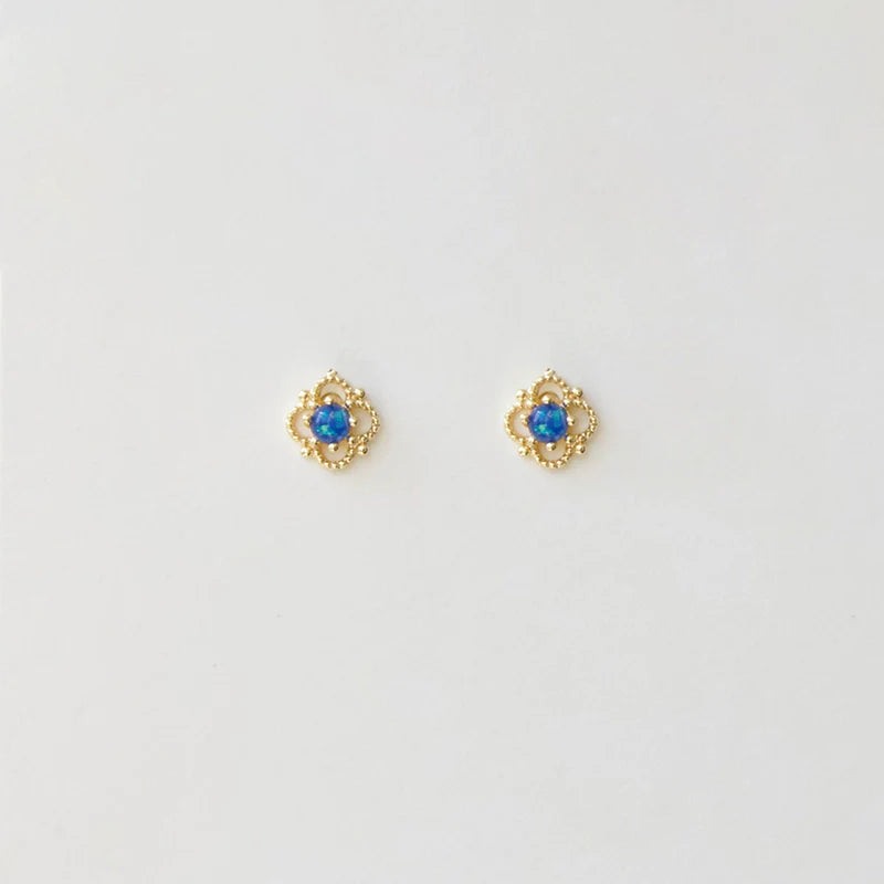 Ultra-Mini Blue Stone Lace Flower Stud Earrings