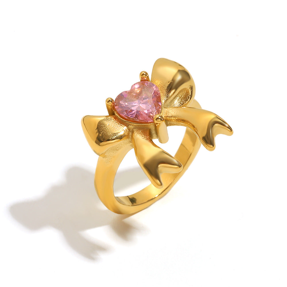 Pink Zircon Bow Ring – 18K Gold Plated Stainless Steel, Minimalist Luxury Statement Ring for Women