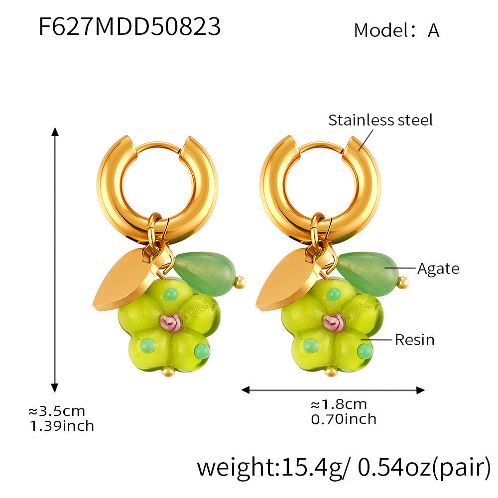 Resin Flower Agate Hoop Earrings – Fresh Forest Style Stainless Steel Ear Cuffs, Non-Tarnish Cute Jewelry