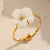French Elegant White Shell Flower Open Ring – 18K Gold Plated Stainless Steel, Minimalist Chic Jewelry for Women
