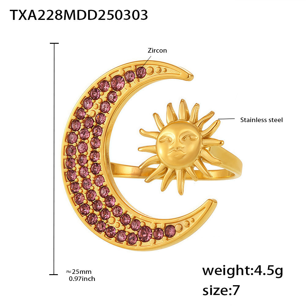 Sun & Moon Zircon Ring and Pendant Necklace – 18K Gold PVD Stainless Steel