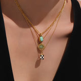 Turquoise Oval Pendant Layered Necklace – Enamel Checkerboard Bag Charm Stainless Steel Chain