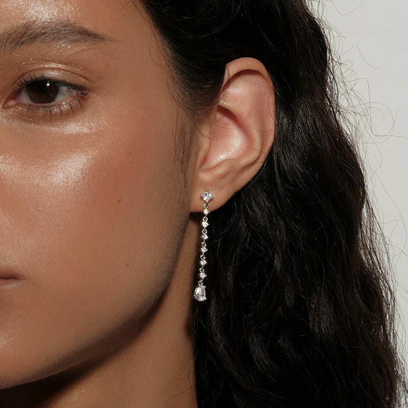 S925 Sterling Silver 4A Cubic Zirconia Teardrop Tassel Chain Earrings