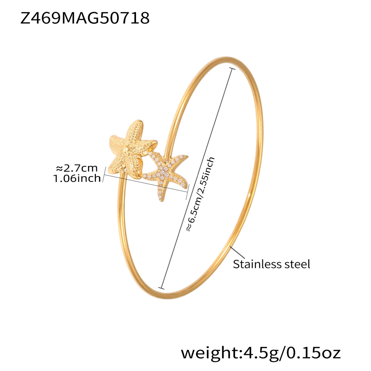 18K Gold Plated Stainless Steel Open Bangle – Bee & Starfish Zircon Design, Unique Women’s Bracelet