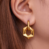 Hollow Hexagon Drop Hoop Earrings – 18K Gold-Plated Stainless Steel, Minimal & Modern