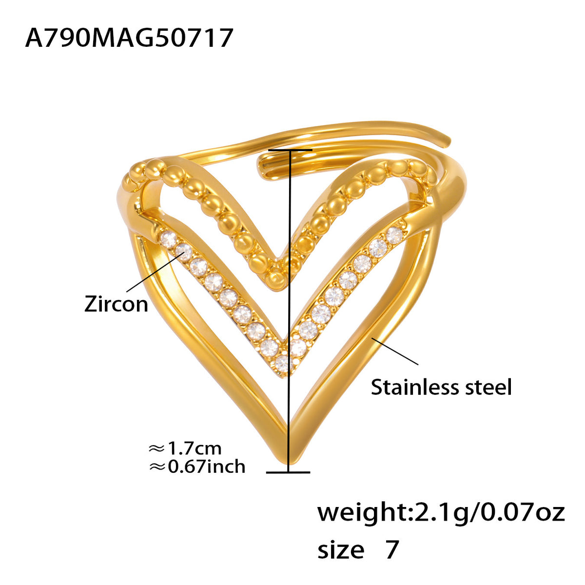 18K Gold Plated Stainless Steel Open Ring – 5A Zircon Starburst Design