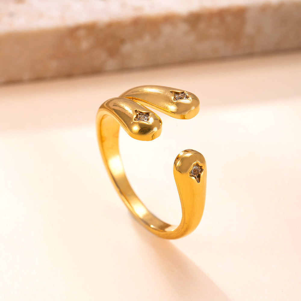 Crossover Open Ring for Women – Stainless Steel Adjustable Band with Cubic Zirconia, Modern Fashion Jewelry