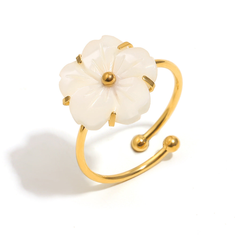 French Elegant White Shell Flower Open Ring – 18K Gold Plated Stainless Steel, Minimalist Chic Jewelry for Women