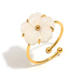 French Elegant White Shell Flower Open Ring – 18K Gold Plated Stainless Steel, Minimalist Chic Jewelry for Women