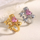 Pink Zircon Bow Ring – 18K Gold Plated Stainless Steel, Minimalist Luxury Statement Ring for Women
