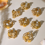 18K Gold Plated Stainless Steel Ocean-Inspired Ring – Starfish & Octopus with Zircon Shell Design