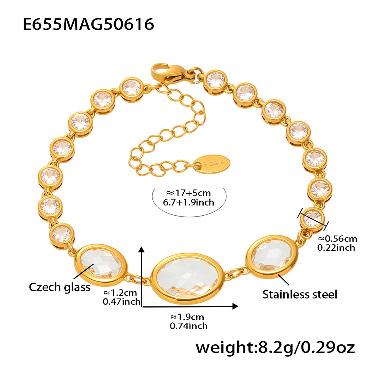 18K Gold Plated Stainless Steel Crystal Glass Bracelet – Elegant Oval Cut, Color Retaining Jewelry