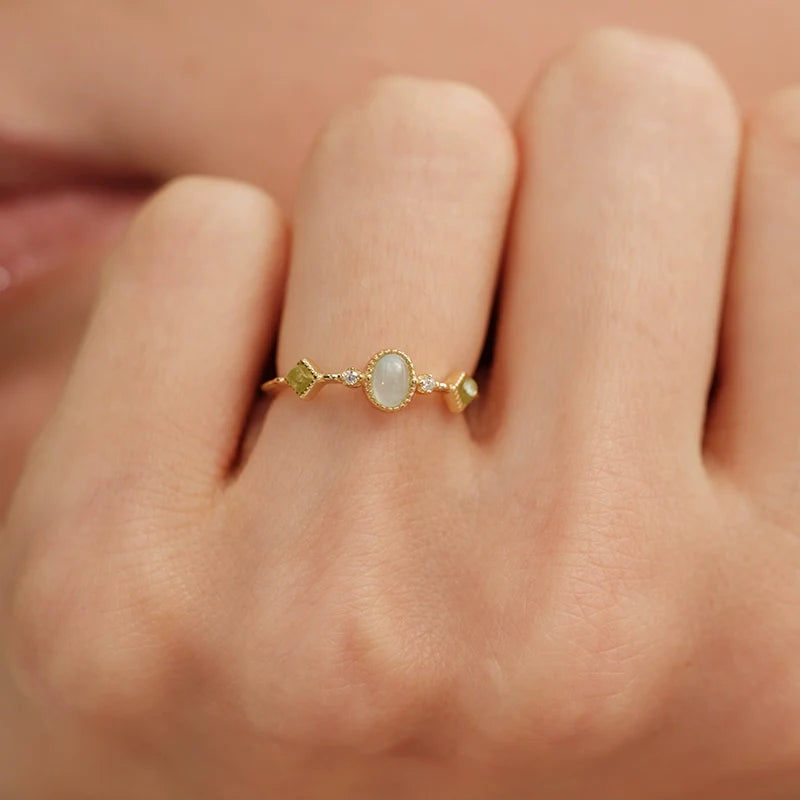 S925 Sterling Silver Natural Peridot & Aquamarine Oval Ring