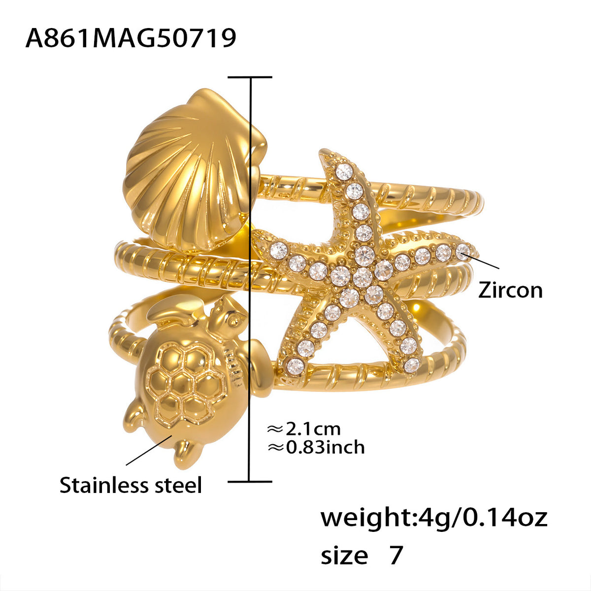 18K Gold Plated Stainless Steel Ocean-Inspired Ring – Starfish & Octopus with Zircon Shell Design