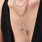 18K Gold Plated Stainless Steel Double-Layer Necklace – 5A Zircon Starburst Pendant
