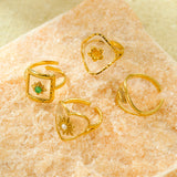 Vintage Geometric Heart Petal Natural Stone Adjustable Open Stainless Steel Ring