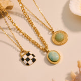 Turquoise Oval Pendant Layered Necklace – Enamel Checkerboard Bag Charm Stainless Steel Chain