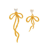 Asymmetric Ribbon Bow Tassel Earrings – Chic Zircon Dangle Earrings for Women, 18K Gold Plated Titanium Steel Sweet Minimalist Jewelry