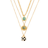 Turquoise Oval Pendant Layered Necklace – Enamel Checkerboard Bag Charm Stainless Steel Chain