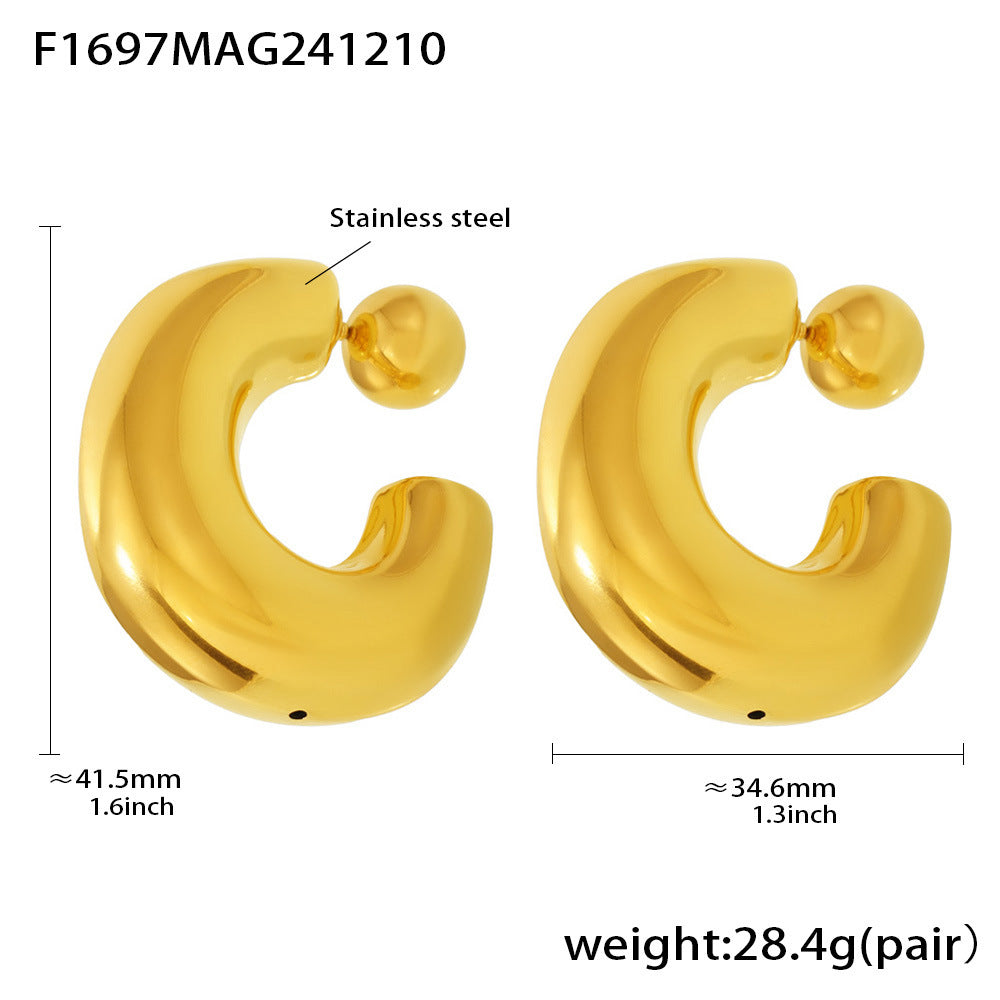 C-Shaped Hollow Steel Bead Earrings – High-Polish Double-Wear Studs, 18K Gold PVD Stainless Steel