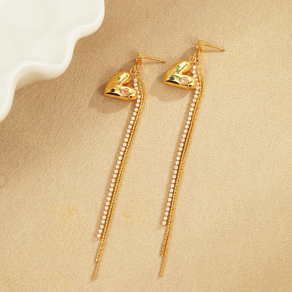 Asymmetric Heart CZ Tassel Earrings