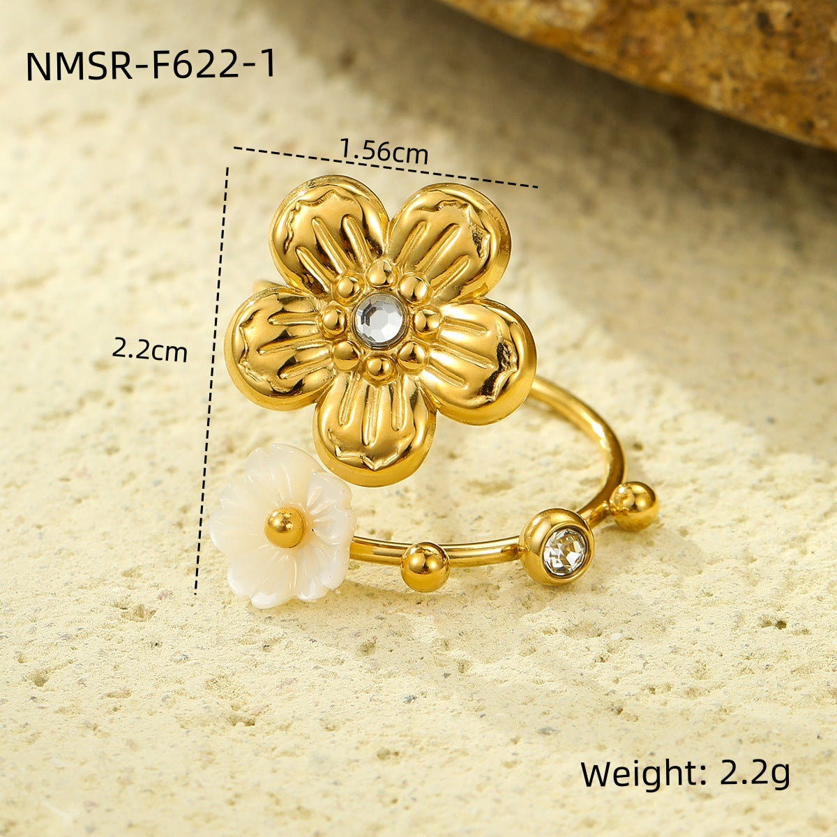 18K Gold Stainless Steel Flower Ring – Elegant White Shell & Zircon Inlay, Dainty Titanium Steel Jewelry for Women