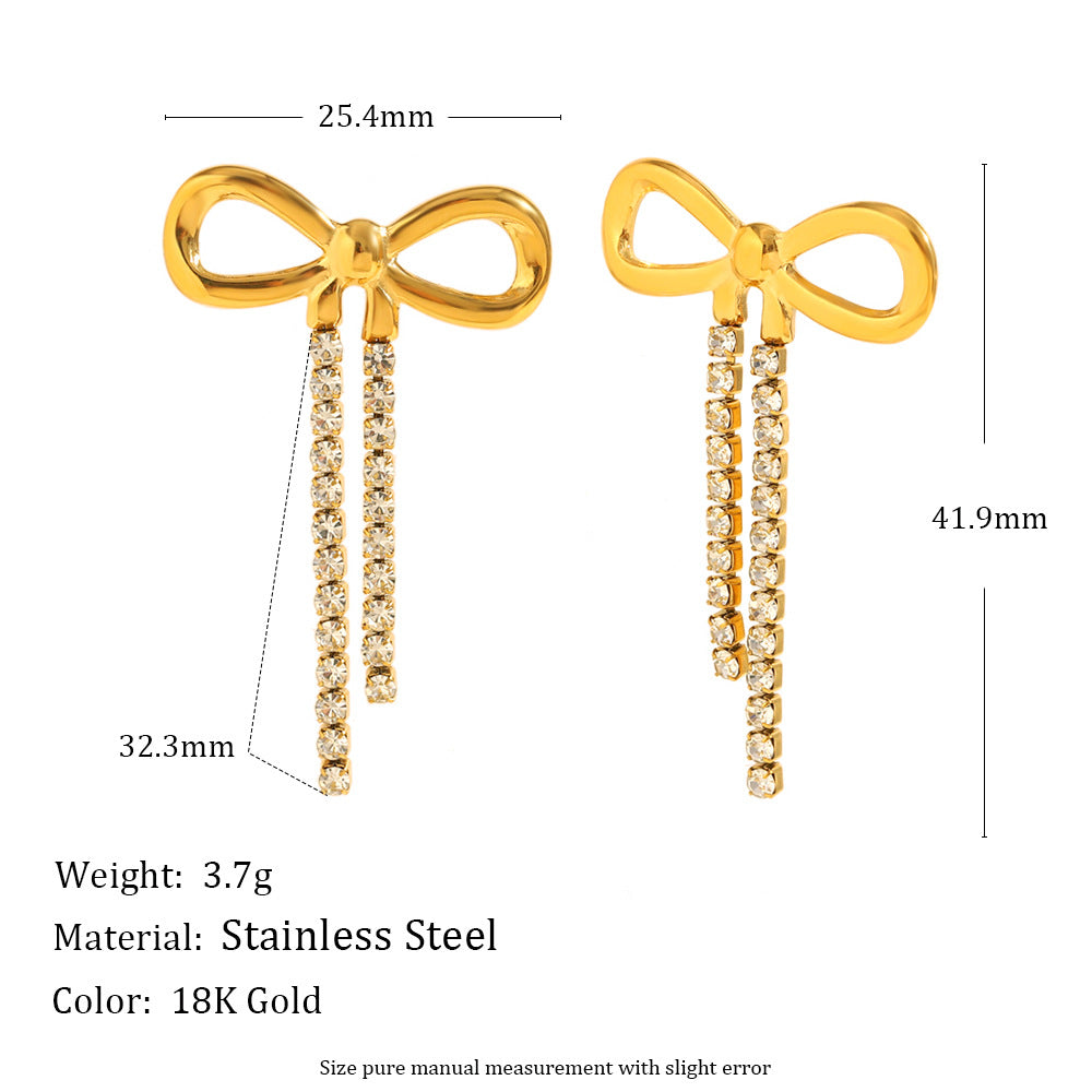 Delicate Bow Zircon Tassel Earrings – 18K Gold Plated Stainless Steel, Minimalist Chic Everyday Studs for Women