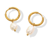 French Vintage Pearl Hoop Earrings – 18K Gold Plated Titanium Steel, Elegant Minimalist Jewelry for Women
