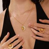 Sun & Moon Zircon Ring and Pendant Necklace – 18K Gold PVD Stainless Steel