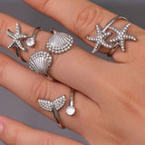 18K Gold Starfish Shell Ring – Adjustable CZ Beach Ring