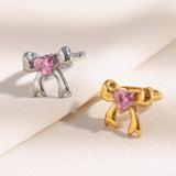 Pink Zircon Bow Ring – 18K Gold Plated Stainless Steel, Minimalist Luxury Statement Ring for Women
