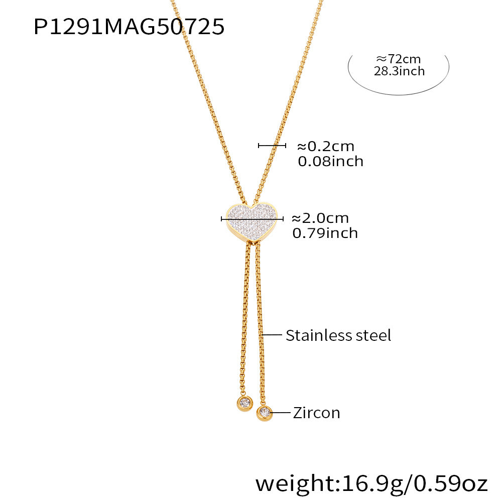 18K Gold Plated Stainless Steel Long Tassel Necklace – Sparkling Heart Zircon Pendant
