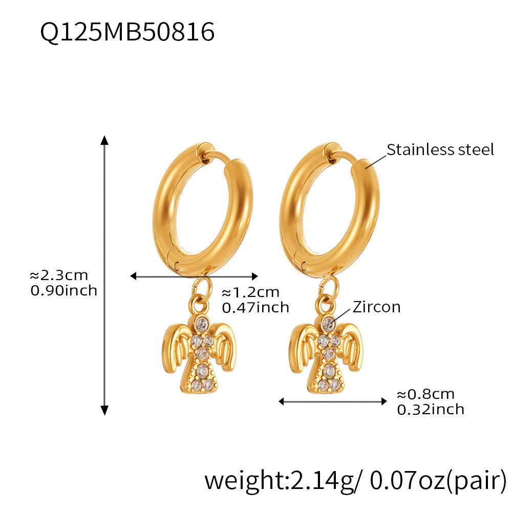 Dainty Angel Pendant Earrings – Sparkling 5A CZ, Eco-Friendly Titanium Steel, Lightweight Hoop Earrings
