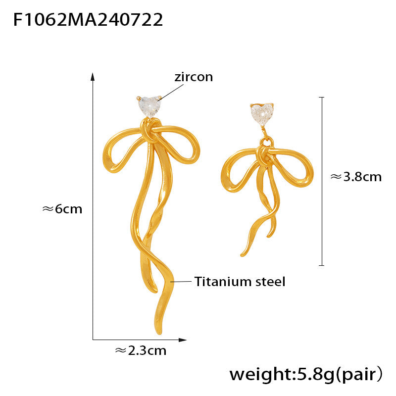 Asymmetric Ribbon Bow Tassel Earrings – Chic Zircon Dangle Earrings for Women, 18K Gold Plated Titanium Steel Sweet Minimalist Jewelry